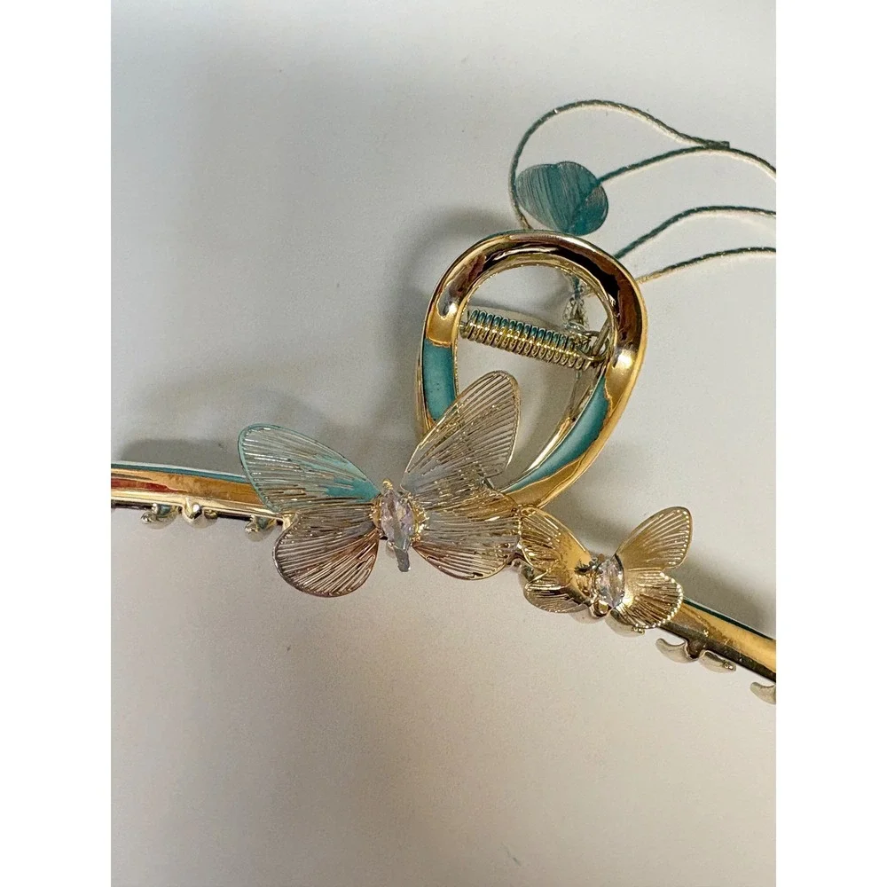Gold Butterfly Hair Claw Clip Teal Enamel Rhinestone Dangle Tassel